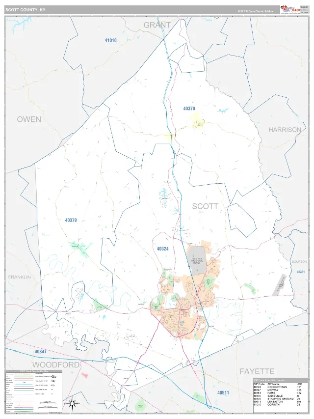 Scott County, KY ZIP Code Wall Map, Classic style