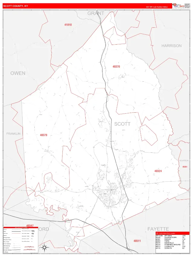 Scott County, KY ZIP Code Wall Map, RedLine style