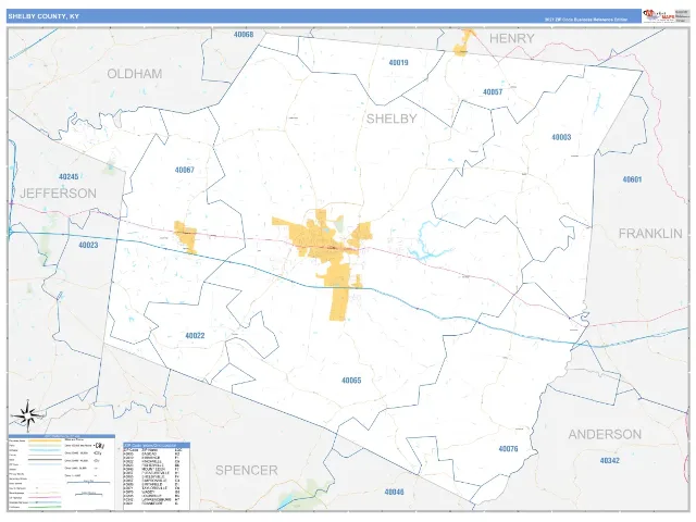 Shelby County, KY ZIP Code Wall Map, Business Reference style