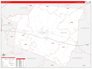 Shelby County, KY RedLine style ZIP Code wall map