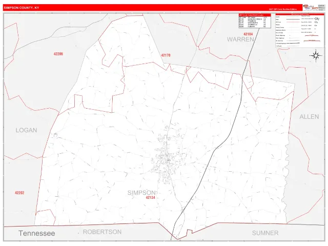 Simpson County, KY ZIP Code Wall Map, RedLine style
