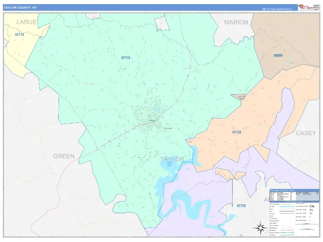 Taylor County, KY ZIP Code Wall Map, ColorCast style