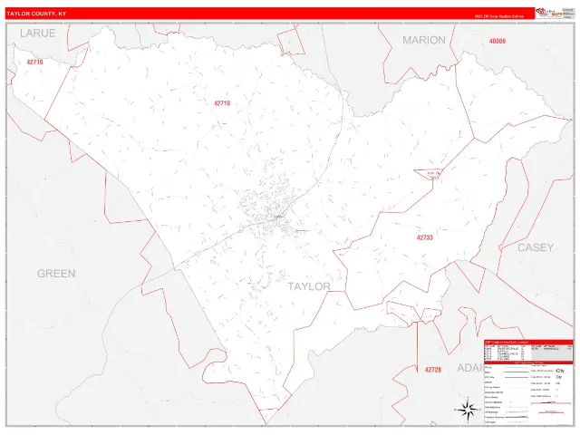 Taylor County, KY ZIP Code Wall Map, RedLine style