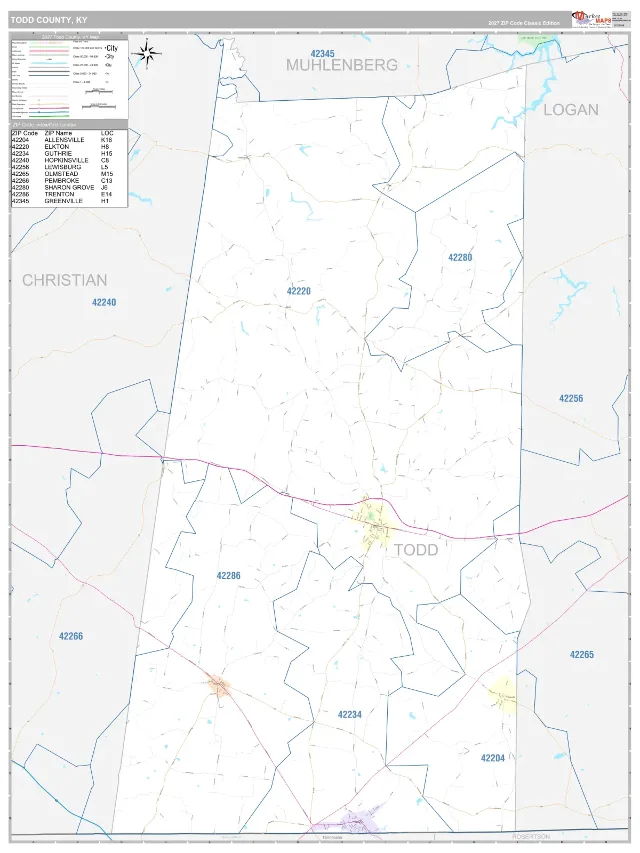 Todd County, KY ZIP Code Wall Map, Classic style