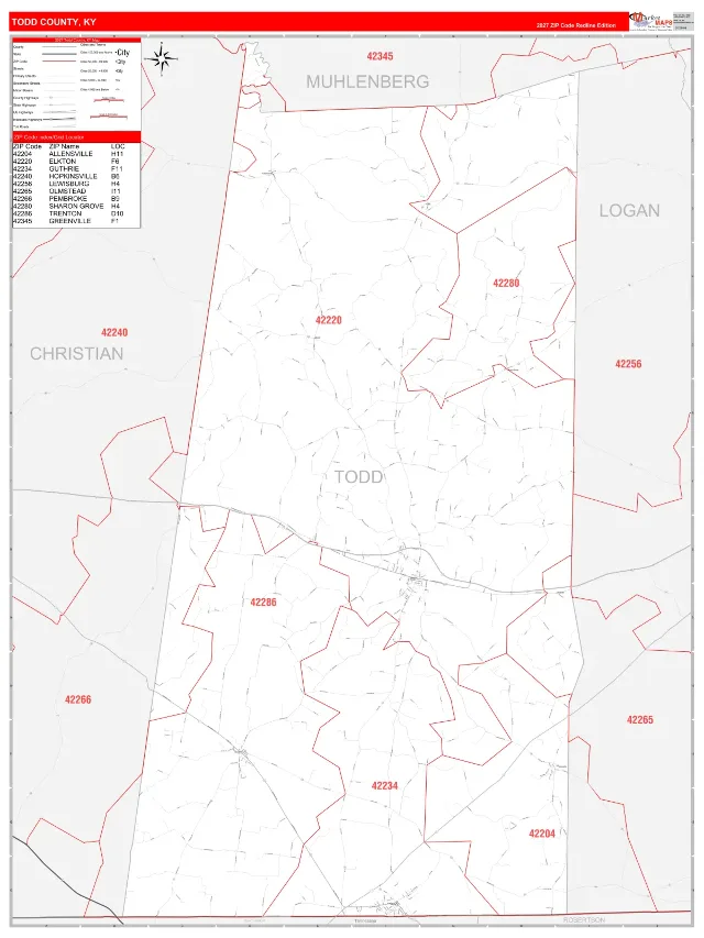 Todd County, KY ZIP Code Wall Map, RedLine style