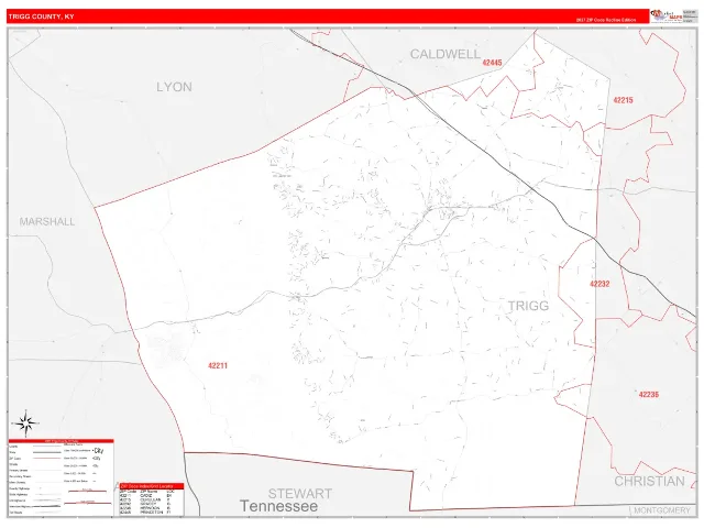 Trigg County, KY ZIP Code Wall Map, RedLine style
