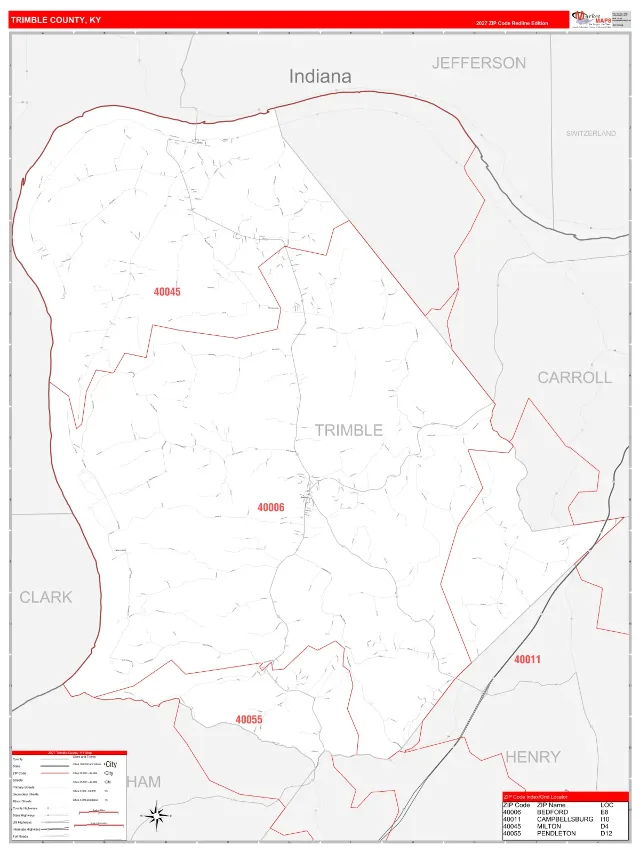 Trimble County, KY ZIP Code Wall Map, RedLine style