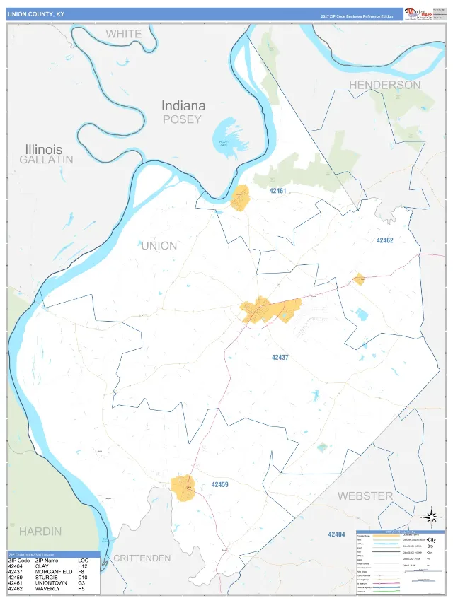 Union County, KY ZIP Code Wall Map, Business Reference style