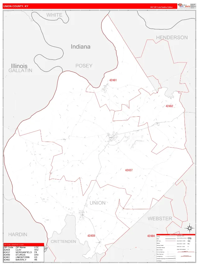 Union County, KY ZIP Code Wall Map, RedLine style