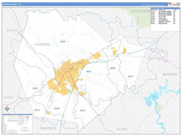 Warren County, KY ZIP Code Wall Map, Business Reference style