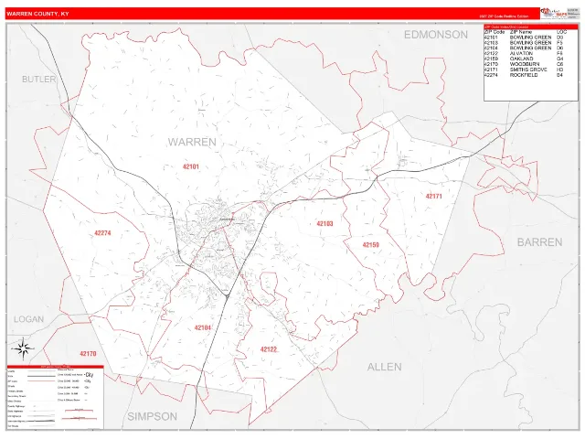 Warren County, KY ZIP Code Wall Map, RedLine style