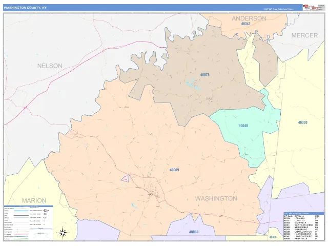 Washington County, KY ZIP Code Wall Map, ColorCast style
