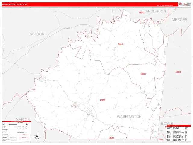 Washington County, KY ZIP Code Wall Map, RedLine style