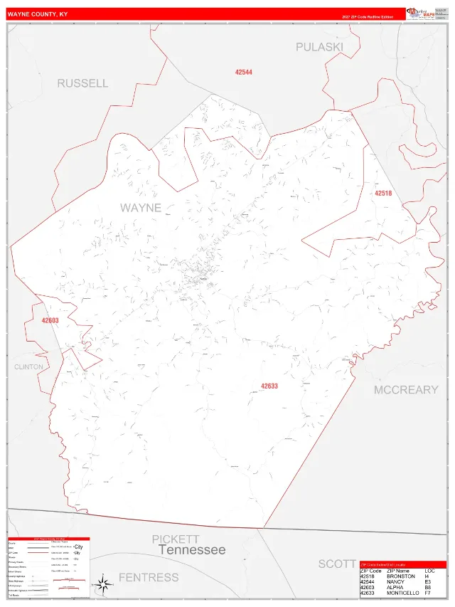 Wayne County, KY ZIP Code Wall Map, RedLine style