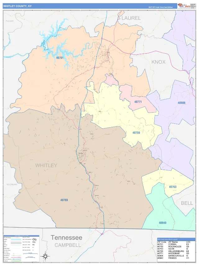 Whitley County, KY ZIP Code Wall Map, ColorCast style