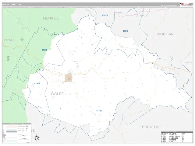 Wolfe County, KY ZIP Code Wall Map, Classic style