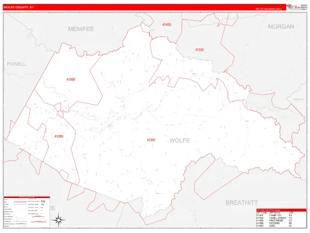Wolfe County, KY ZIP Code Wall Map, RedLine style