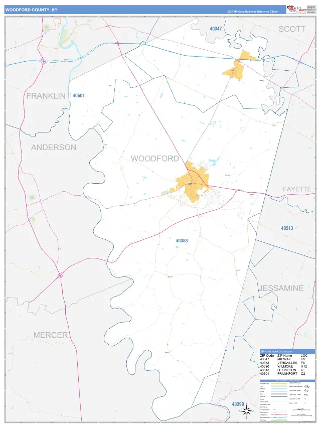 Woodford County, KY ZIP Code Wall Map, Business Reference style