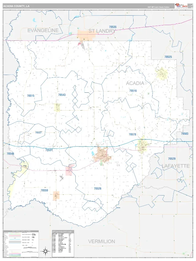 Acadia County, LA ZIP Code Wall Map, Classic style