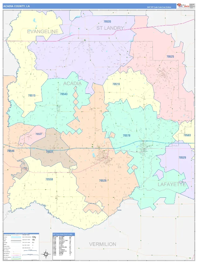 Acadia County, LA ZIP Code Wall Map, ColorCast style