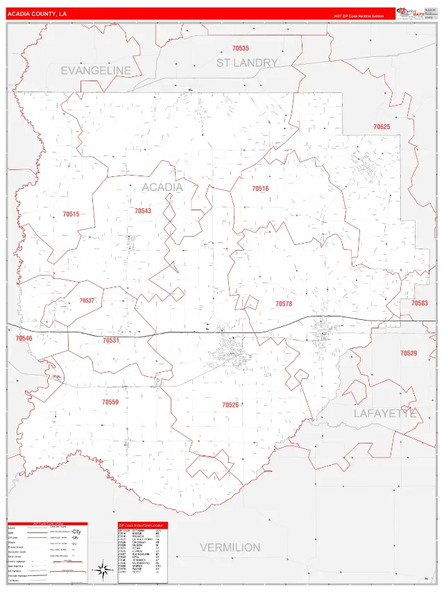 Acadia County, LA ZIP Code Wall Map, RedLine style