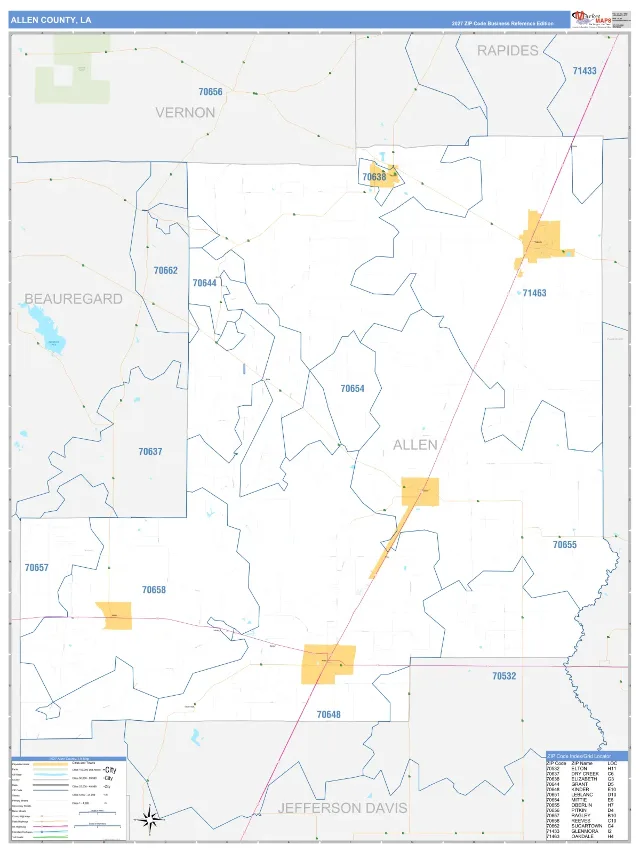 Allen County, LA ZIP Code Wall Map, Business Reference style