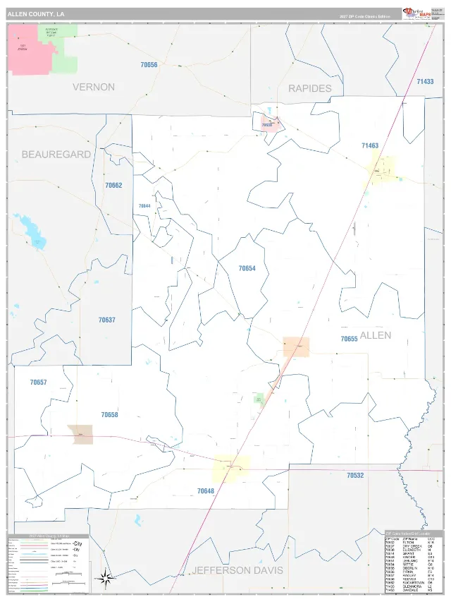 Allen County, LA ZIP Code Wall Map, Classic style