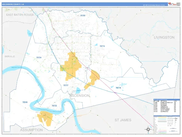 Ascension County, LA ZIP Code Wall Map, Business Reference style