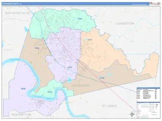 Ascension County, LA ColorCast style ZIP Code wall map