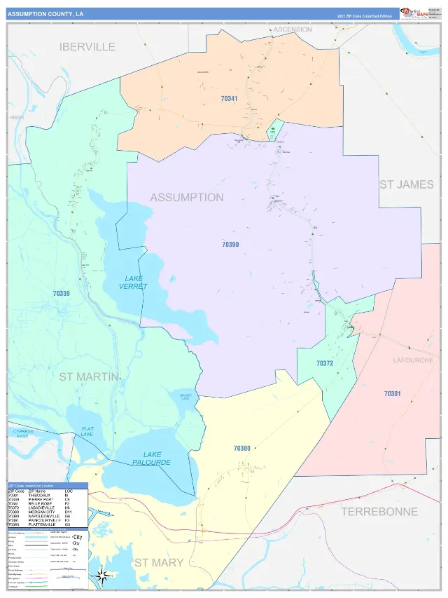 Assumption County, LA ZIP Code Wall Map, ColorCast style