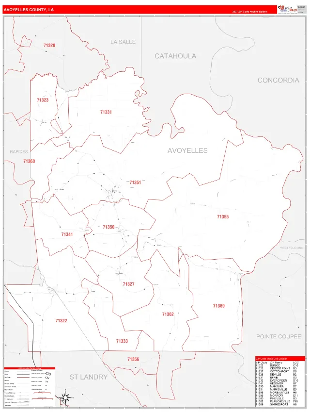 Avoyelles County, LA ZIP Code Wall Map, RedLine style