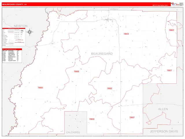 Beauregard County, LA ZIP Code Wall Map, RedLine style