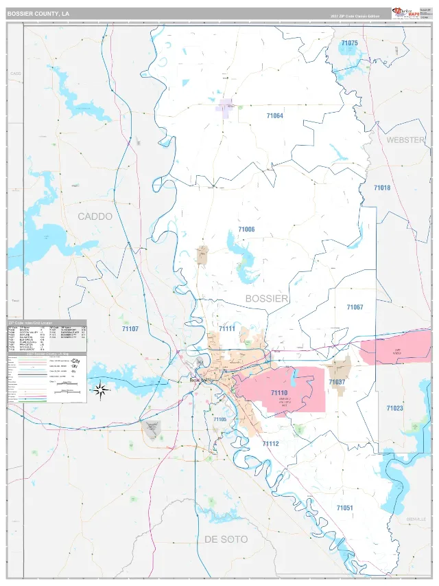 Bossier County, LA ZIP Code Wall Map, Classic style