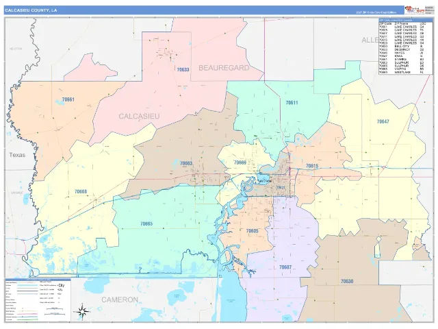 Calcasieu County, LA ZIP Code Wall Map, ColorCast style