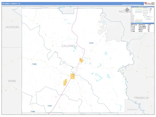 Caldwell County, LA ZIP Code Wall Map, Business Reference style
