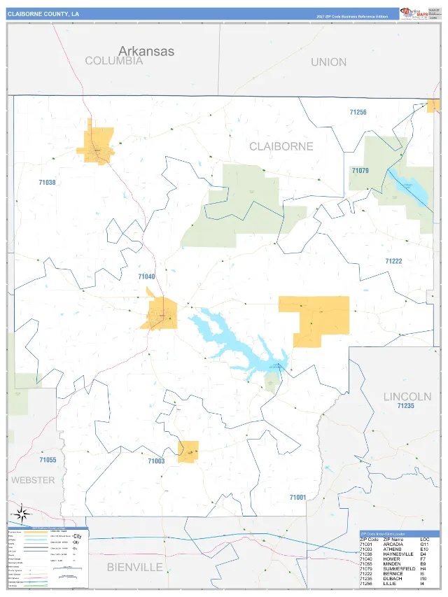 Claiborne County, LA ZIP Code Wall Map, Business Reference style