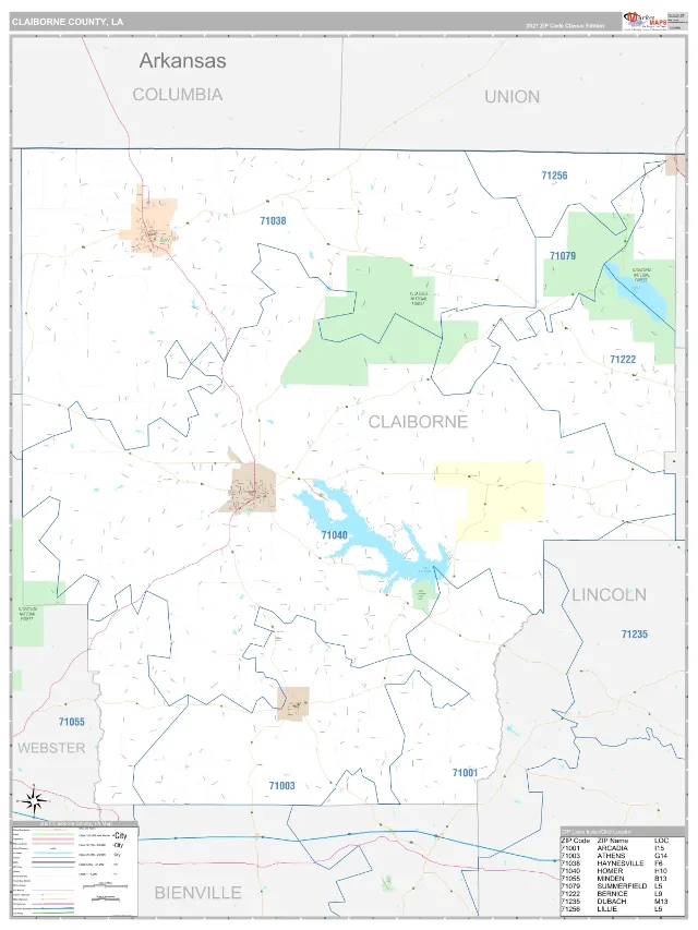 Claiborne County, LA ZIP Code Wall Map, Classic style