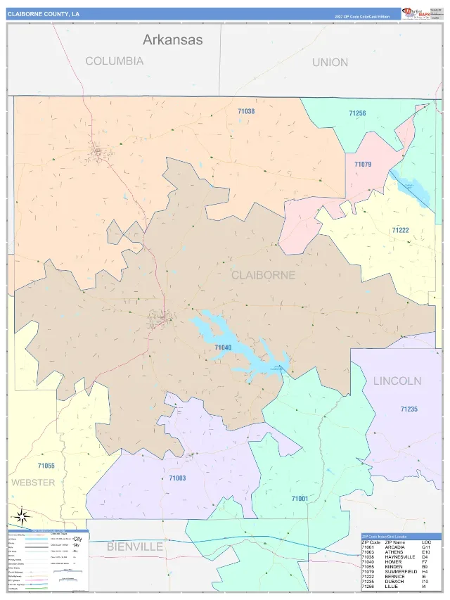 Claiborne County, LA ZIP Code Wall Map, ColorCast style