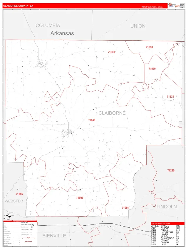 Claiborne County, LA ZIP Code Wall Map, RedLine style