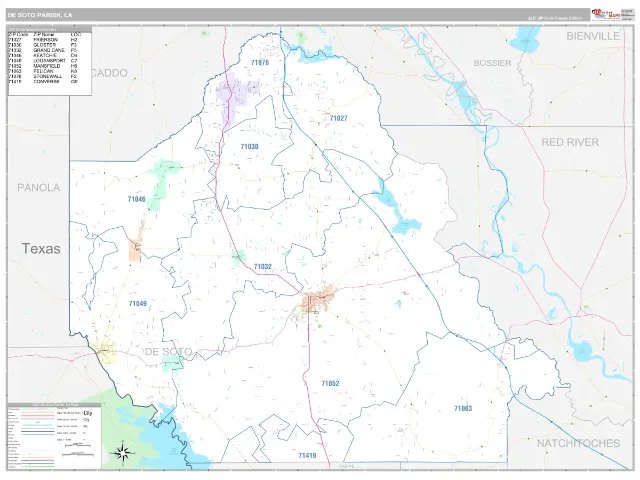 DeSoto County, LA ZIP Code Wall Map, Classic style