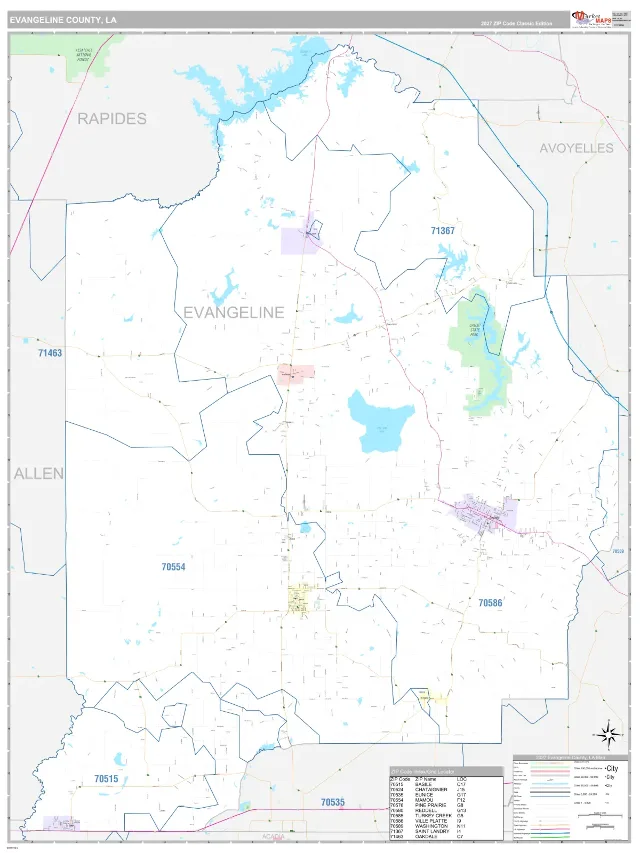 Evangeline County, LA ZIP Code Wall Map, Classic style