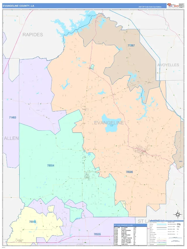 Evangeline County, LA ZIP Code Wall Map, ColorCast style