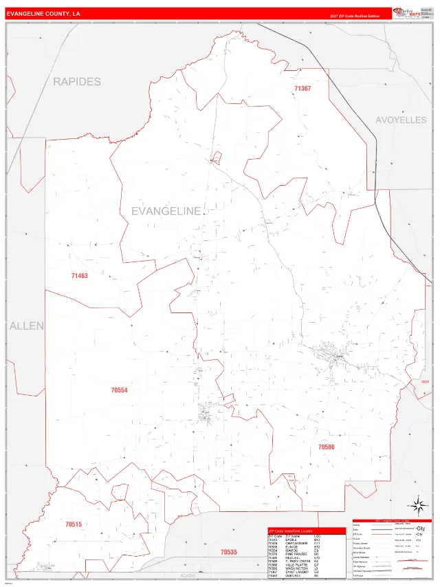 Evangeline County, LA ZIP Code Wall Map, RedLine style