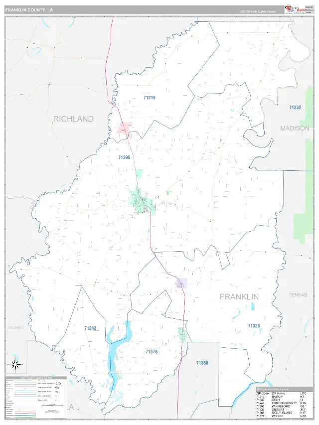 Franklin County, LA ZIP Code Wall Map, Classic style
