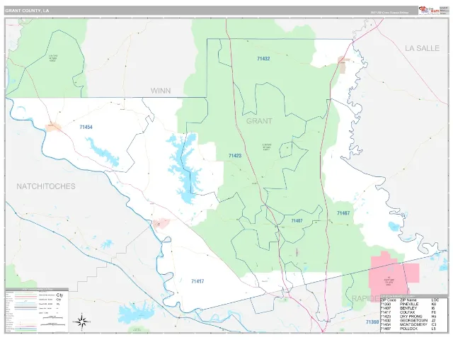 Grant County, LA ZIP Code Wall Map, Classic style