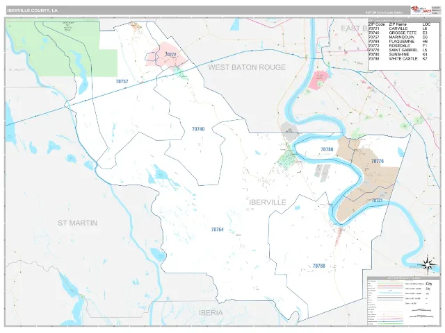 Iberville County, LA ZIP Code Wall Map, Classic style