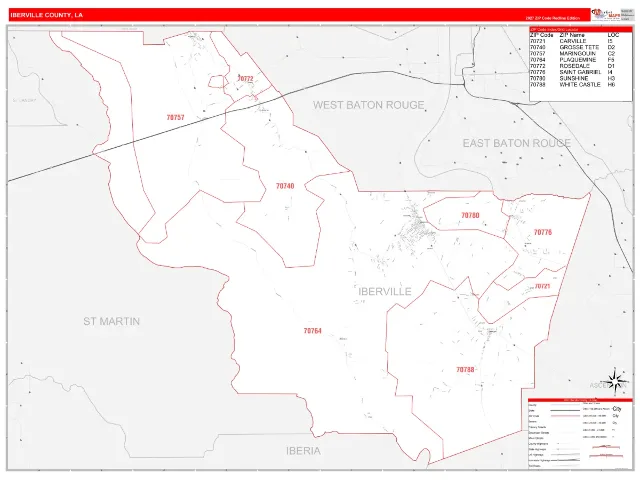 Iberville County, LA ZIP Code Wall Map, RedLine style