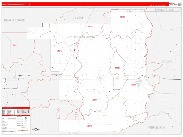 Jefferson Davis County, LA ZIP Code Wall Map, RedLine style