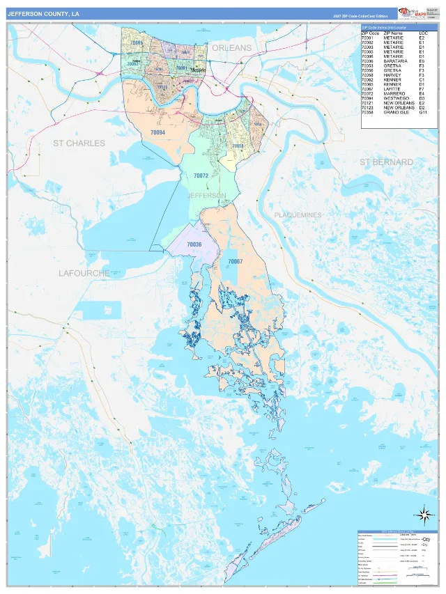 Jefferson County, LA ZIP Code Wall Map, ColorCast style