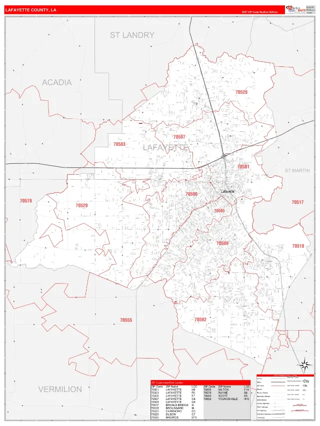 Lafayette County, LA ZIP Code Wall Map, RedLine style